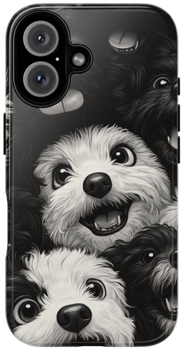 Zwart-Wit Vrolijke Hondenkoppen Patroon – Telefoonhoesje Geschikt voor iPhone 16