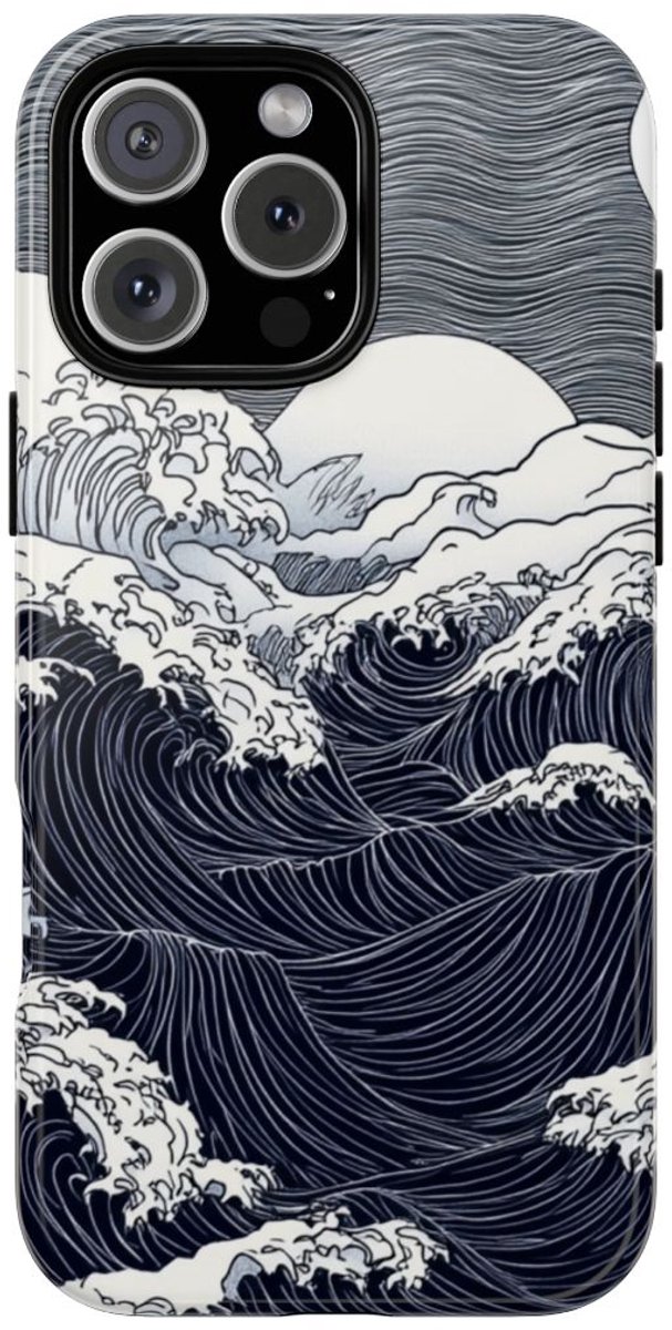 Monochrome Oceaangolven met Maan – Telefoonhoesje Geschikt voor iPhone 16 Pro Max