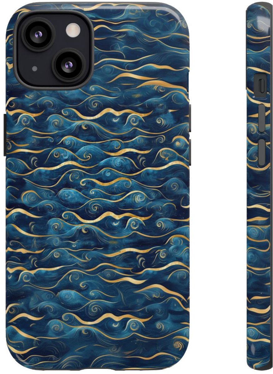 Blauw-Gouden Golfpatroon – Glanzend Stevig Telefoonhoesje Geschikt voor iPhone 13