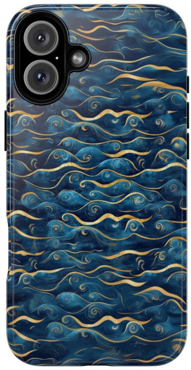 Blauw-Gouden Golfpatroon – Glanzend Stevig Telefoonhoesje Geschikt voor iPhone 16 Plus