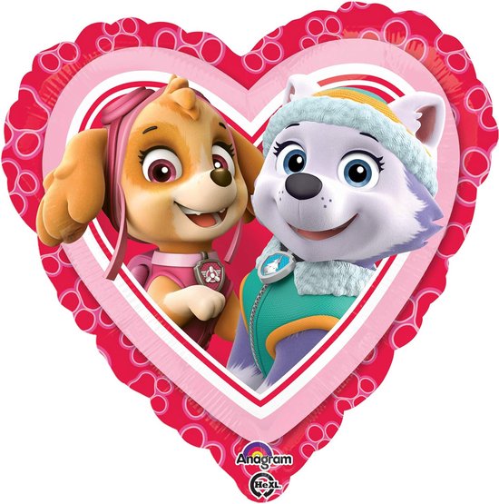 Hartvormige ballon met de Paw Patrol pups Skye en Everest.