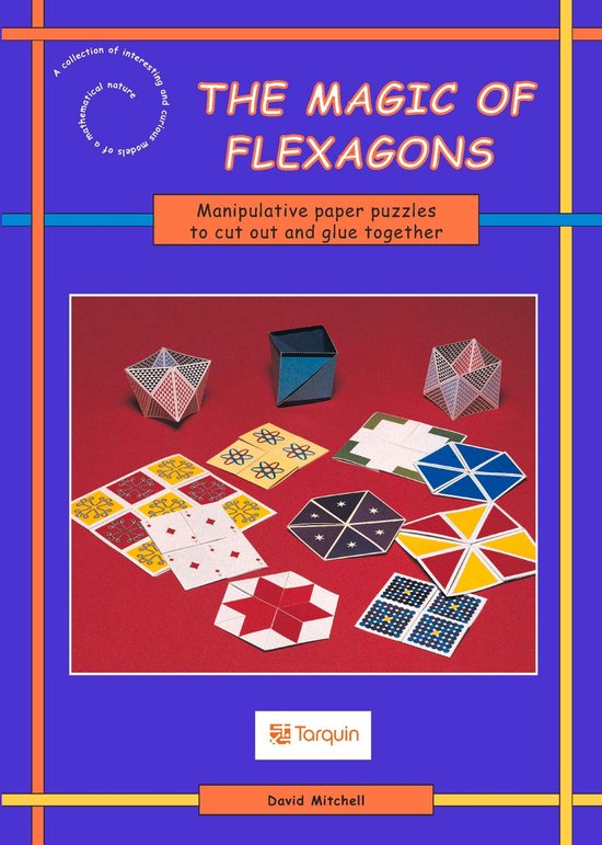 Boekomslag 'The Magic of Flexagons' met kleurrijke papieren puzzels en geometrische vormen op een rode ondergrond.