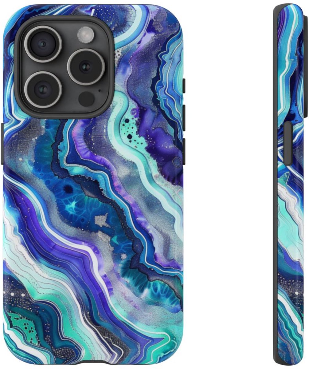 Blauw en Turquoise Geode Wervelpatroon – Telefoonhoesje Geschikt voor iPhone 15 Pro