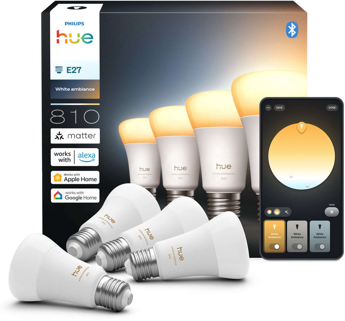Philips Hue Slimme LED A60 lamp, Warm tot Koelwit Licht, E27 Fitting, 4-pack