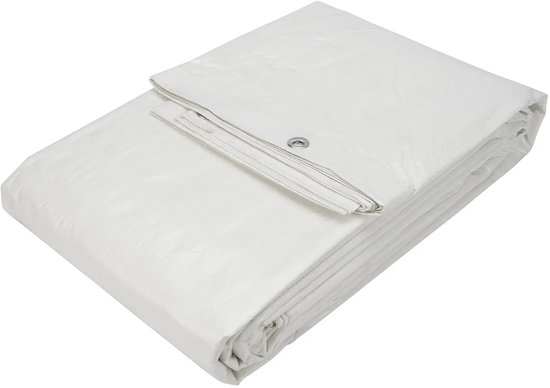 Bâche blanche pliée avec un seul œillet visible sur le bord.