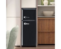 Retro koelkast. Koel-vriescombinatie, 105,5 cm hoog, 41 cm breed, twee deuren, met een totaal volume van 92 liter, vriesvolume van 28 liter. Deurvakken en glazen planken. 116 kWh/jaar, -27 °C ~13 °C, ledverlichting, zwart