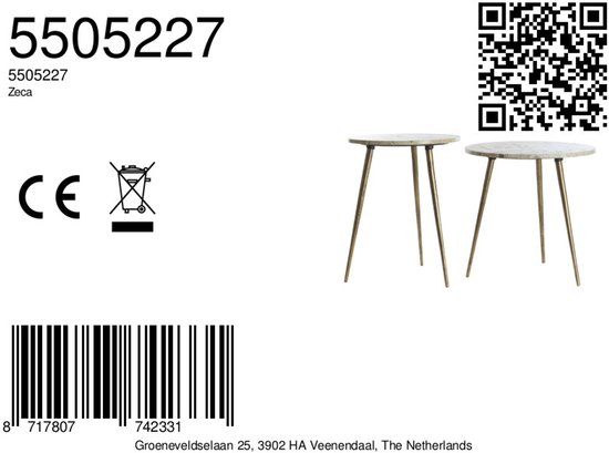 Light & Living Table d'Appoint Ronde Zeca - Marbre - Set de 2 pièces