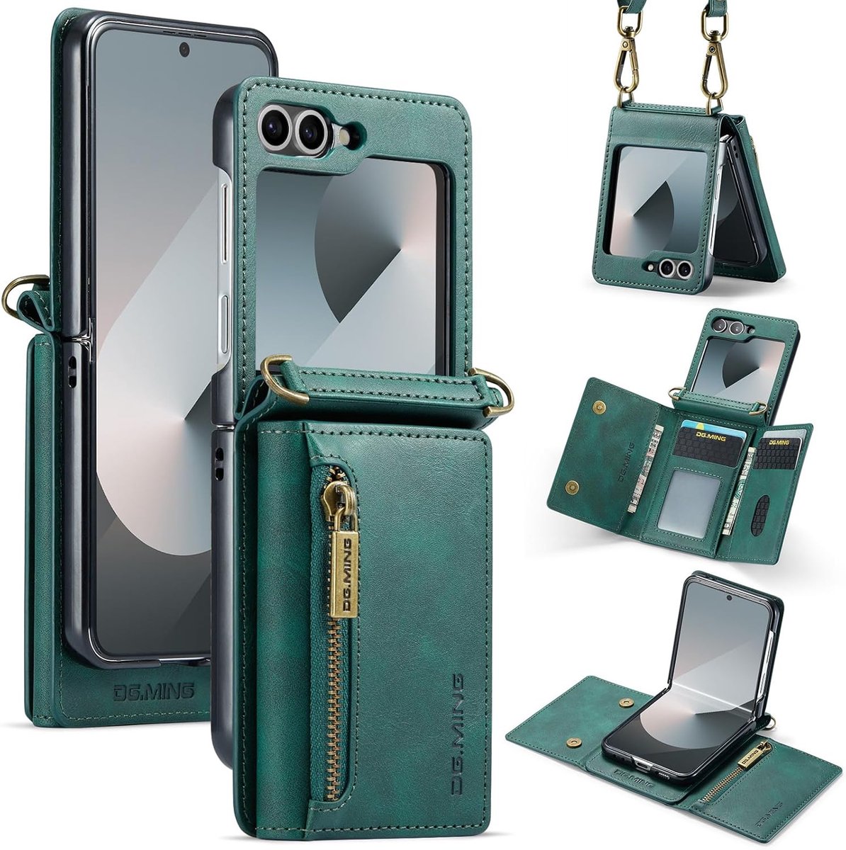 Zandarix Geschikt voor Samsung Galaxy Z Flip 7 - Mat lederen hoesje met ritssluiting - Schouderriem - Back Cover Hoesje - Groen