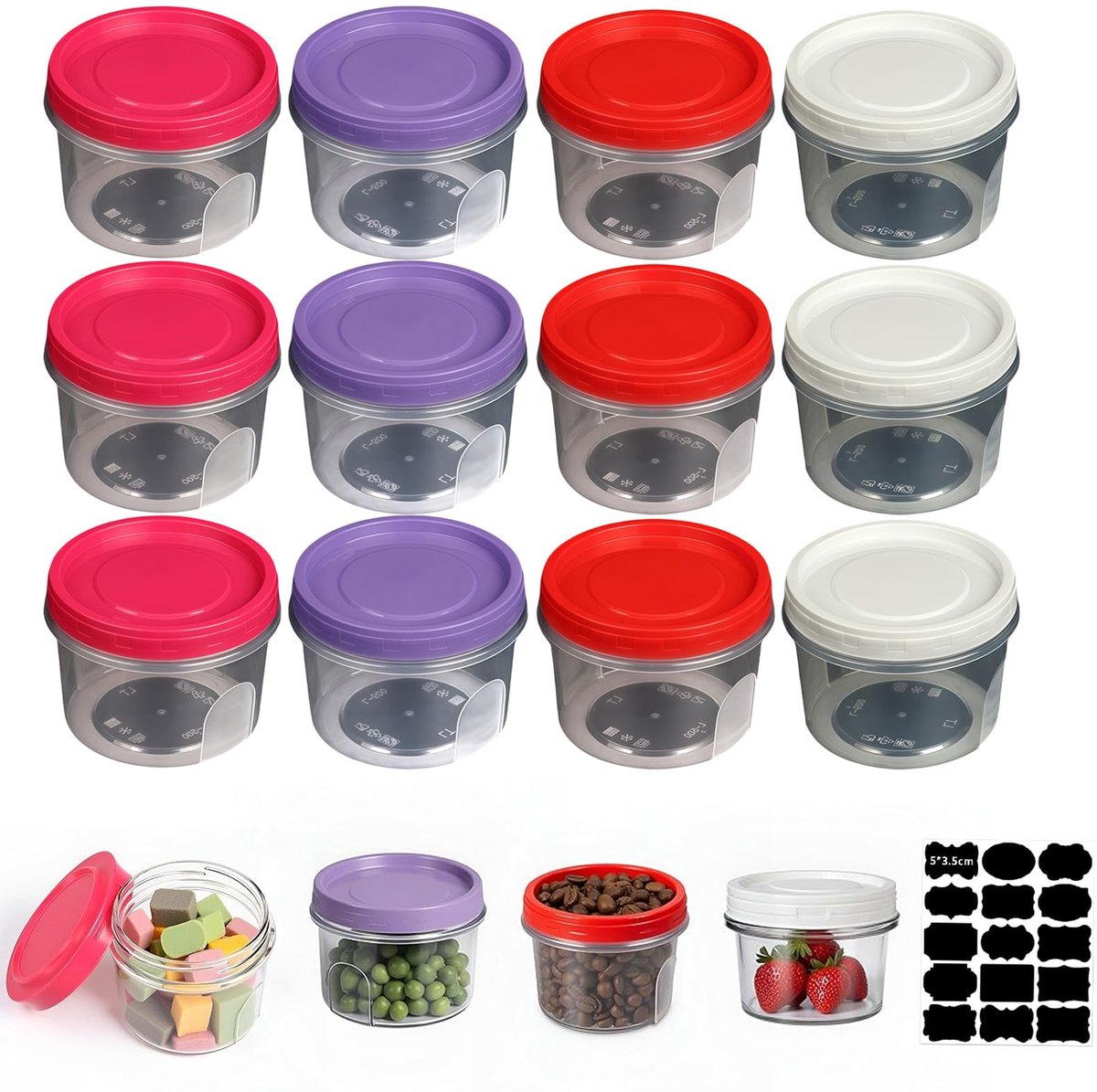 Ksnowqi 12 stuks 500ml kleine plastic bakjes met deksel, voedselcontainers met deksel, kleine mini-bakjes met deksel, herbruikbare mini-vriezerbakjes voor fruit, sauzen