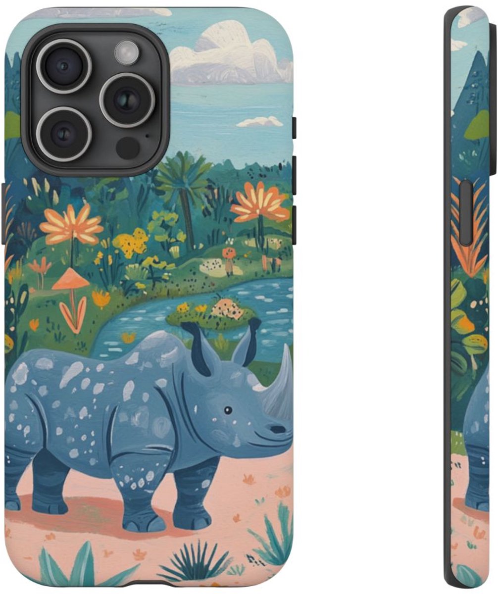 Blauwe Neushoorn Illustratie – Telefoonhoesje Geschikt voor iPhone 15 Pro Max