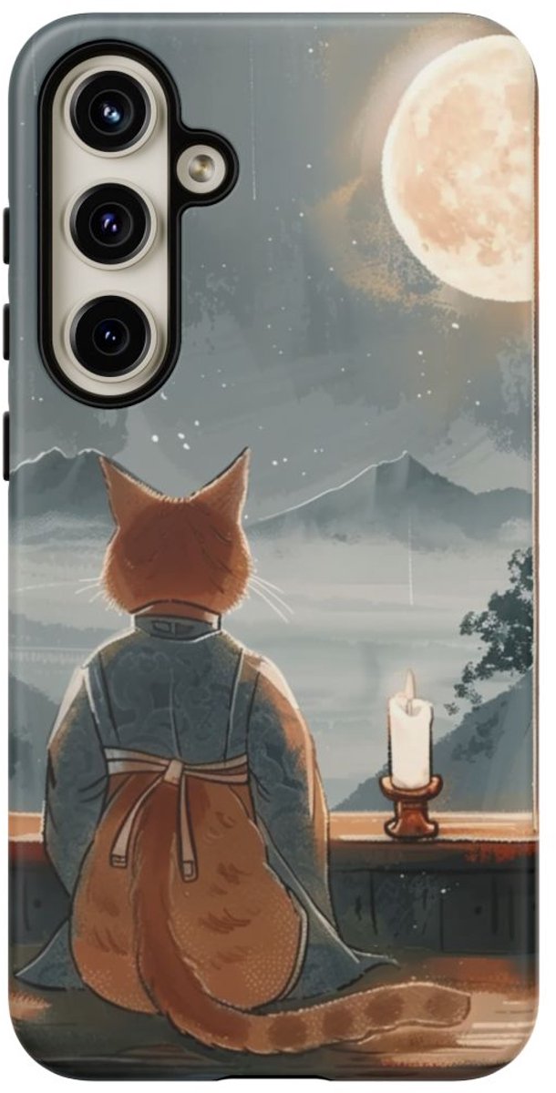 Kat in Traditioneel Gewaad bij Maanlicht – Telefoonhoesje Geschikt voor Galaxy S24 Plus