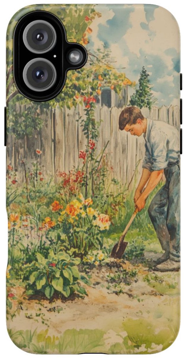 Man Tuiniert Tussen Bloemen – Telefoonhoesje Geschikt voor iPhone 16 Plus