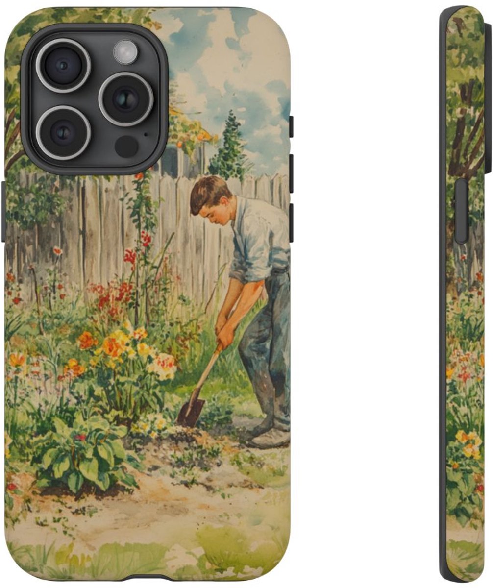 Jonge Man Tuiniert in Bloemrijke Tuin – Telefoonhoesje Geschikt voor iPhone 15 Pro Max