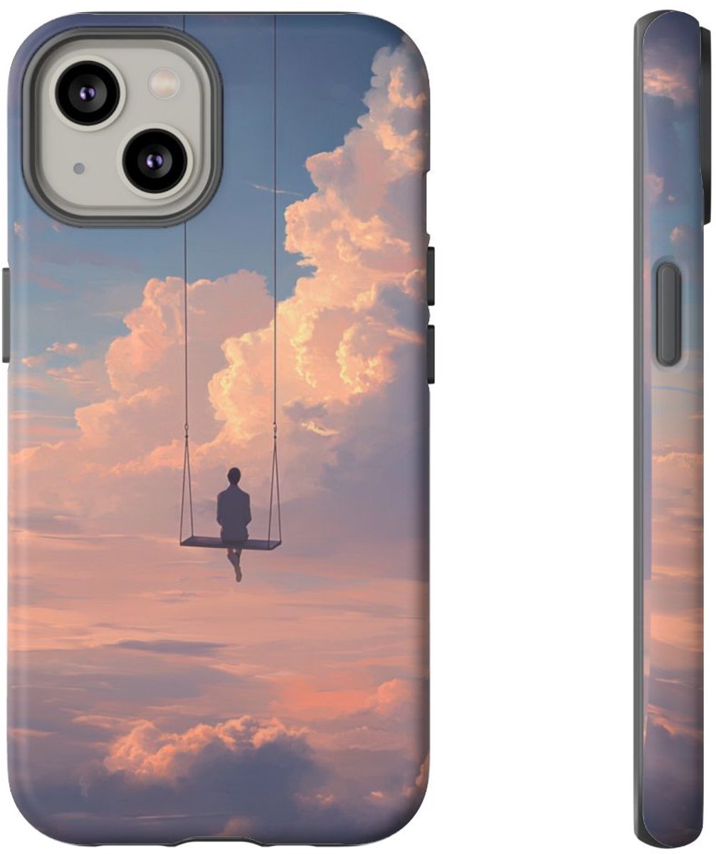 Persoon op Schommel tussen Wolken – Telefoonhoesje Geschikt voor iPhone 14