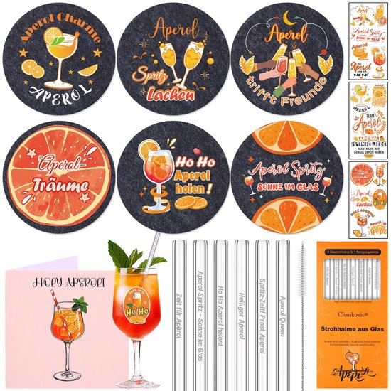 YYSWSAKY 4-delige set Aperol Spritz glazen cadeauset - Premium Aperol glazen ∣It's Aperol O'Clock glazen rietjes∣kurken onderzetters, ideaal geschikt voor Aperol-fans