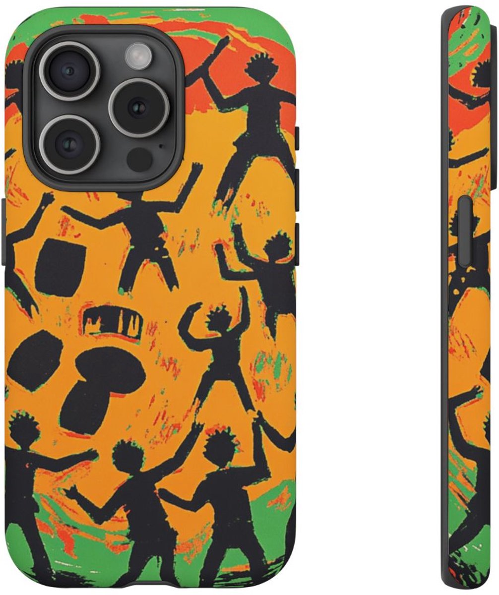 Abstracte Tribale Dans en Drums Illustratie – Telefoonhoesje Geschikt voor iPhone 15 Pro