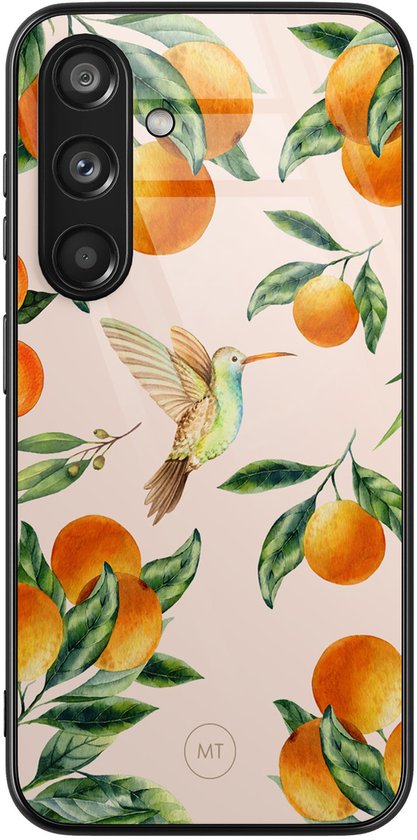 Coque de téléphone transparente avec des oranges, des branches et des feuilles. Un colibri vole au centre.