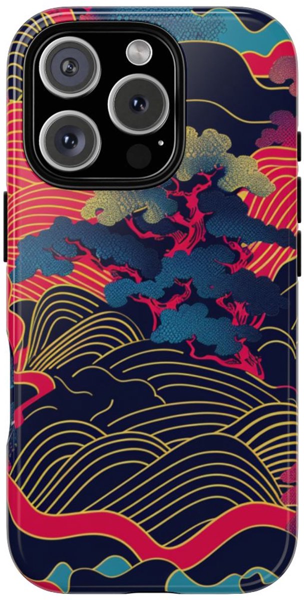 Neon Japanse Landschapspatroon – Telefoonhoesje Geschikt voor iPhone 16 Pro