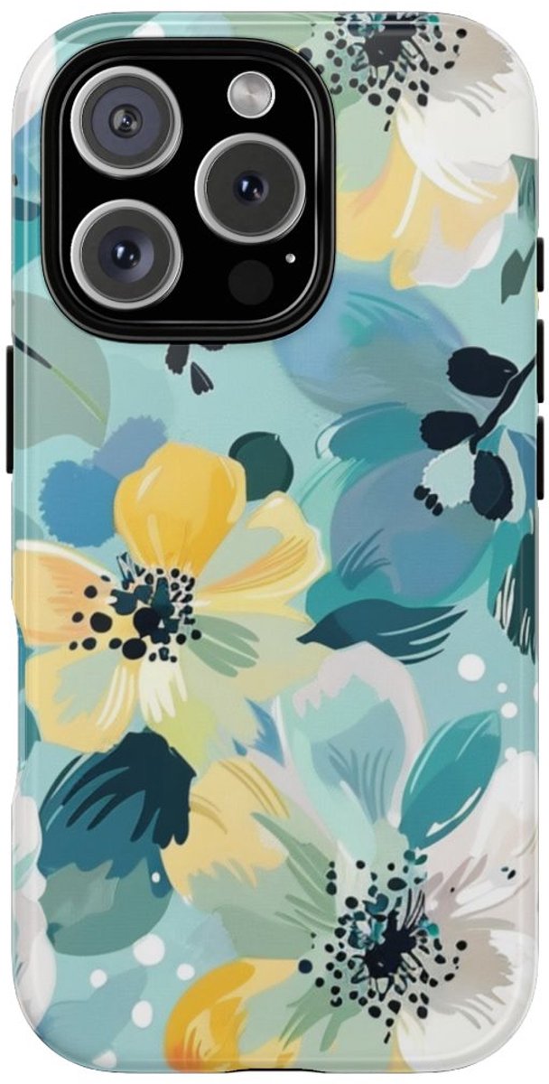 Turquoise Bloemenpatroon met Stippen – Telefoonhoesje Geschikt voor iPhone 16 Pro