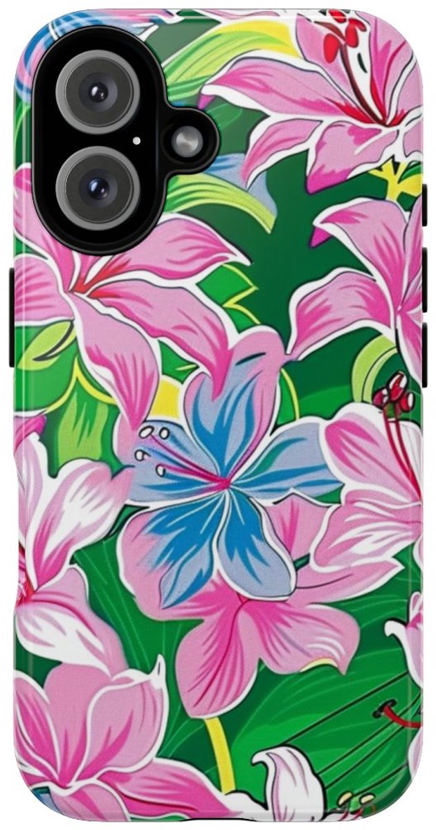 Roze en Blauwe Bloemenprint – Telefoonhoesje Geschikt voor iPhone 16