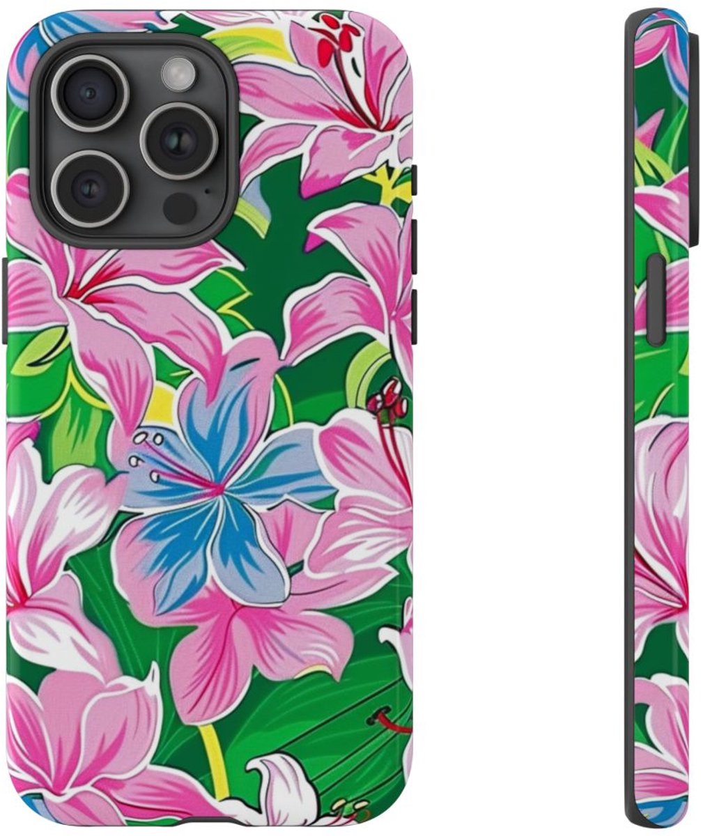 Roze en Blauwe Bloemenprint – Telefoonhoesje Geschikt voor iPhone 15 Pro Max