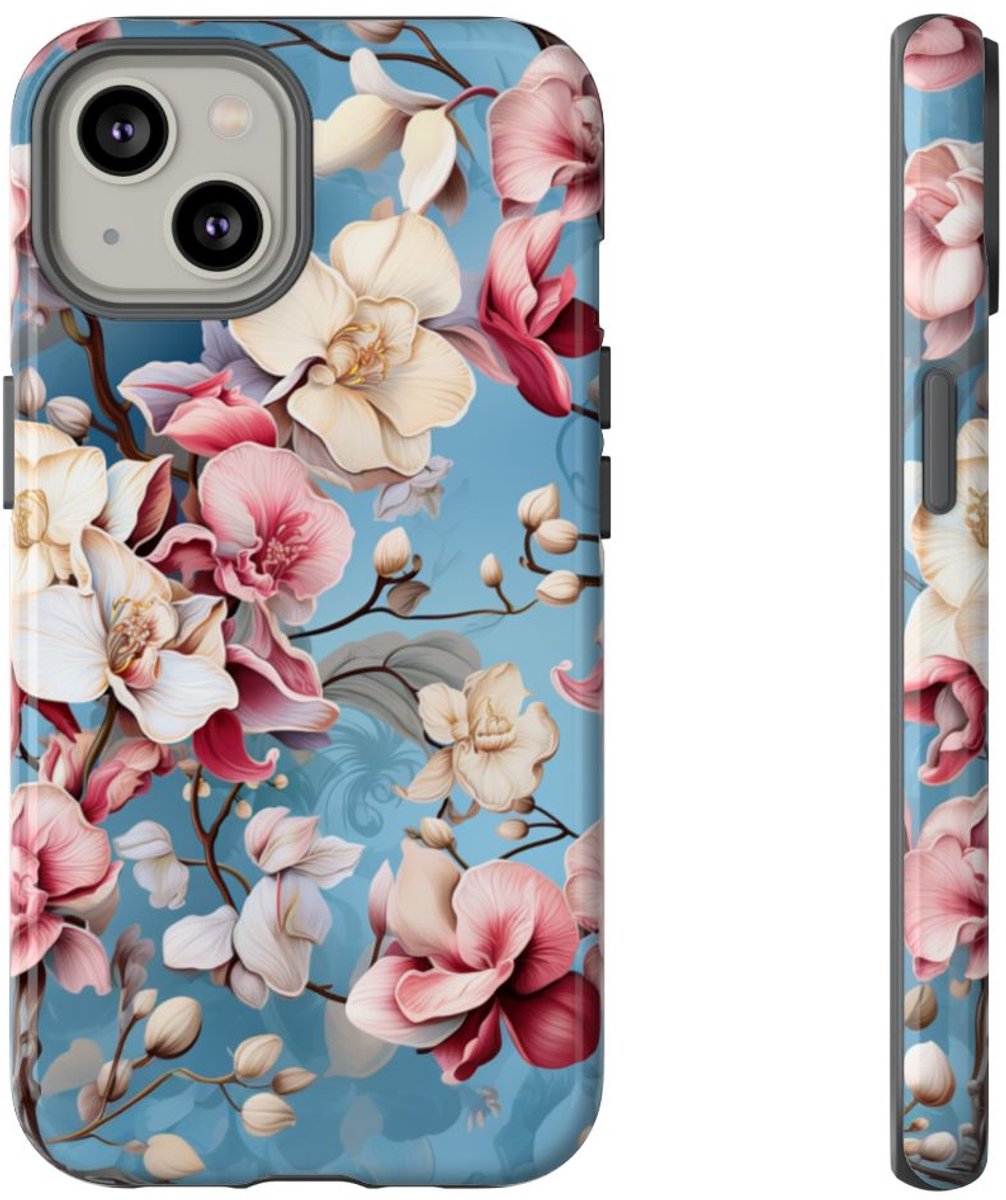 Orchideeën Bloemenpatroon op Blauwe Achtergrond – Telefoonhoesje Geschikt voor iPhone 14