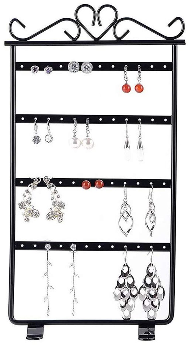 Bhina Metalen Sieraden Opberger, Oorbellen Organizer, Sieradenstandaard Zwart, Creatieve Sieradenstandaard, Totaal 48 Opberggaten in 4 Lagen, Voor Oorbellen, Kettingen en Ringen
