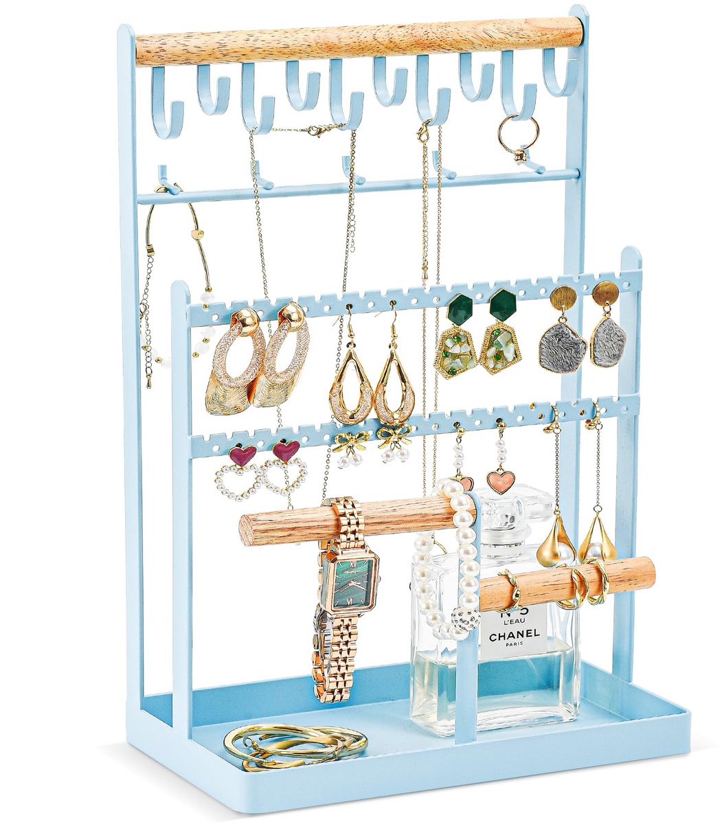 ProCase Sieradenstandaard Sieradenhouder voor oorbellen, oorbellen, kettingen, sieradenorganizer, sieradenstandaard met 15 haken, 40 gaten, oorbellenhouder, sieradenopslag voor kettingen, armbanden en ringen - Hemelsblauw