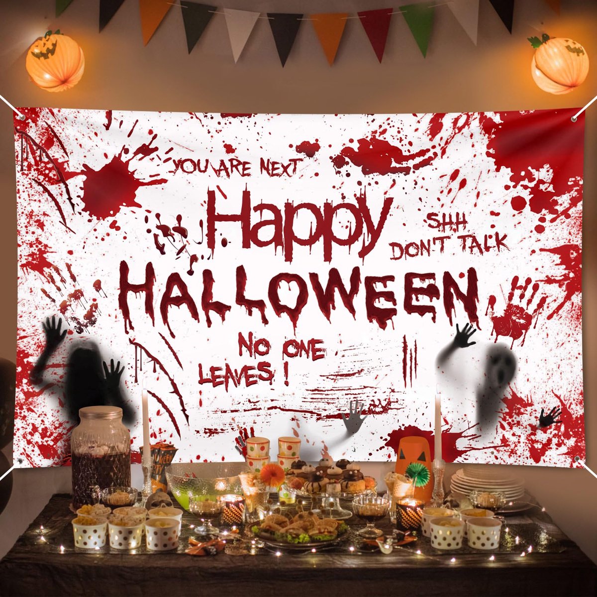 Ibenzoa® Halloween Decoratieve Achtergrondbanner voor Garagedeur met Bloedvlekken en Handafdrukken
