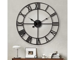 Maxstar moderne grote wandklokken met Romeinse cijfers, zacht tikkende ronde metalen stille vintage wandklok voor woonkamer, keuken, slaapkamer, tuindecoratie - zwart 60 cm
