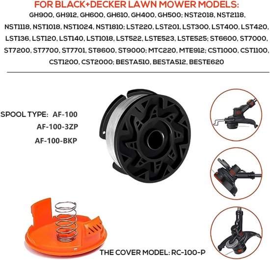 Maaidraad - 6 Stuks - trimmerdraad - Reserve draden - draadspoelen - voor Black Decker, Bekasa AF-100-3ZP en A6481 - lengte 30 ft - voor Vervangt spoelen uit de GL280-, GLC1825N - serie met doppen en veren - wit van Merkloos	 — afbeelding 3