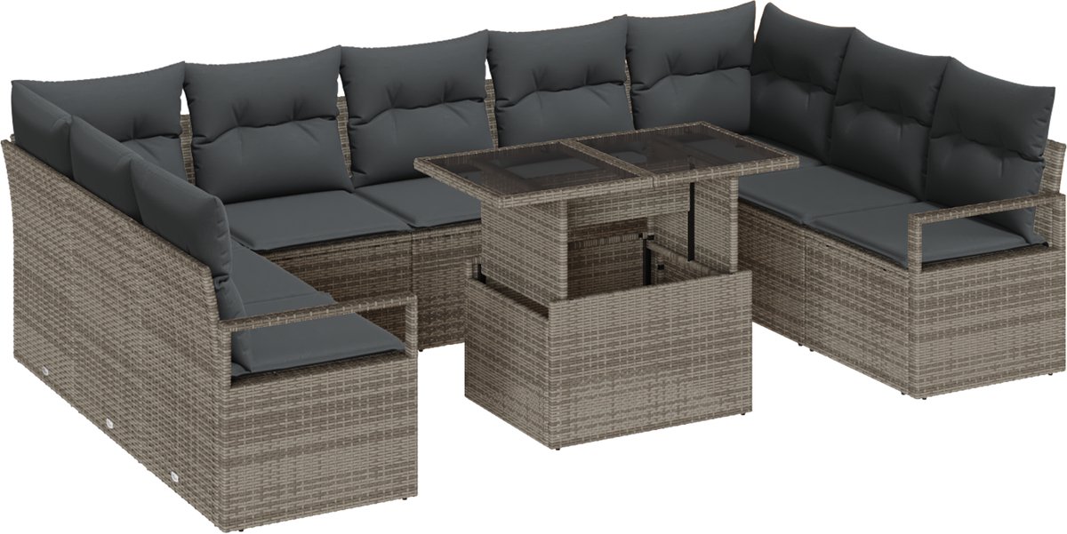 vidaXL - Tuinbank - Set - met - opslag - 10 - pcs - Grijs - Poly - rattan
