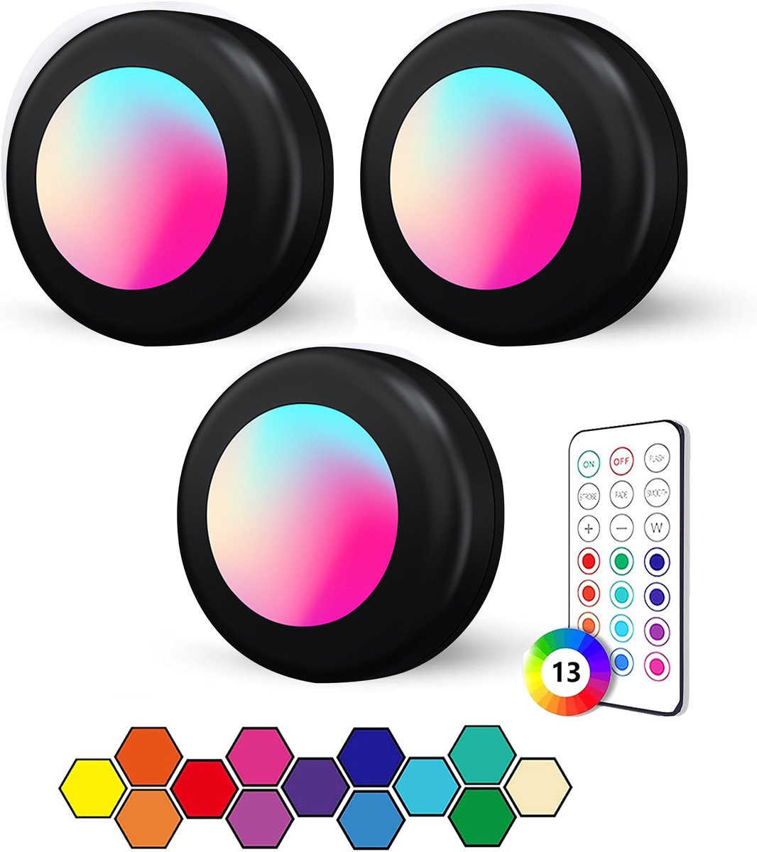 ibettertec - 3 stuks LED kast wand nacht lamp - verlichting - 16 kleuren inclusief afstandbieding - nachtlampje - woonkamer slaapkamer - Trapverlichting draadloos - op batterijen