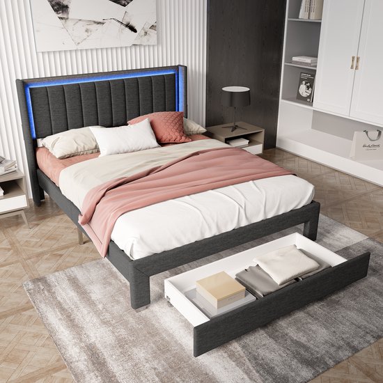 Tweepersoonsbed 160 x 200 cm, gestoffeerd bed met LED en USB, PU hoofdbord met opbergruimte, zwart