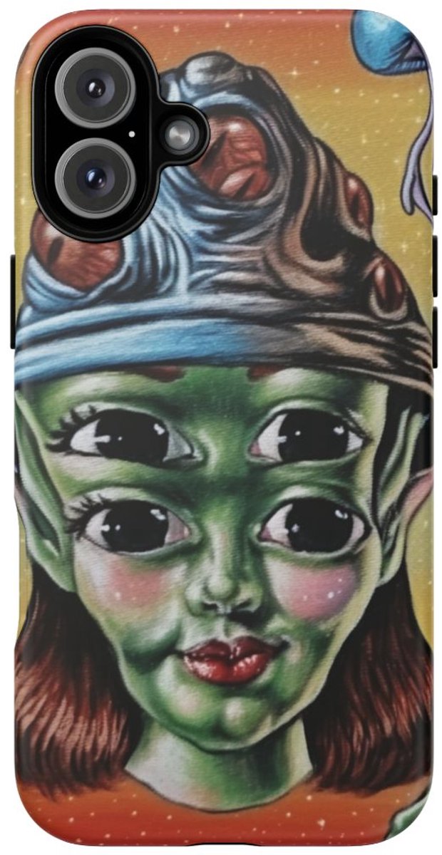 Vierogige Alien met Kosmische Elementen – Telefoonhoesje Geschikt voor iPhone 16 Plus