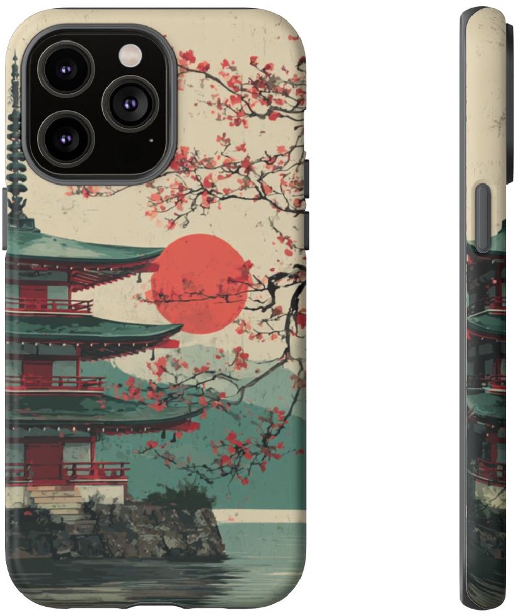 Pagode met Kersenbloesems en Rode Zon – Telefoonhoesje Geschikt voor iPhone 14 Pro Max