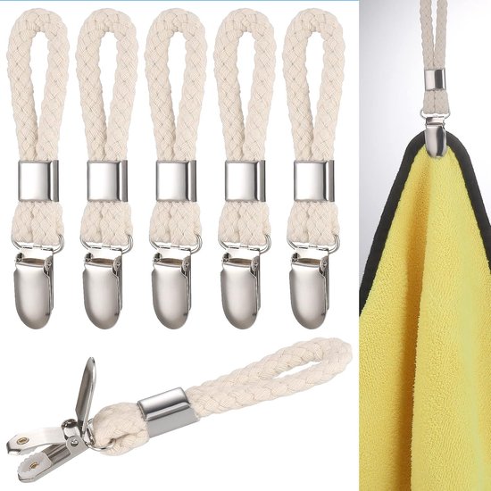 6 stuks - handdoekklemmen - badhanddoekklem - metalen keuken-theedoek haken - met geweven katoenen touw lus - voor het ophangen van theedoekhouders in keuken, badkamer, thuis - Beige - 11*2.3 cm