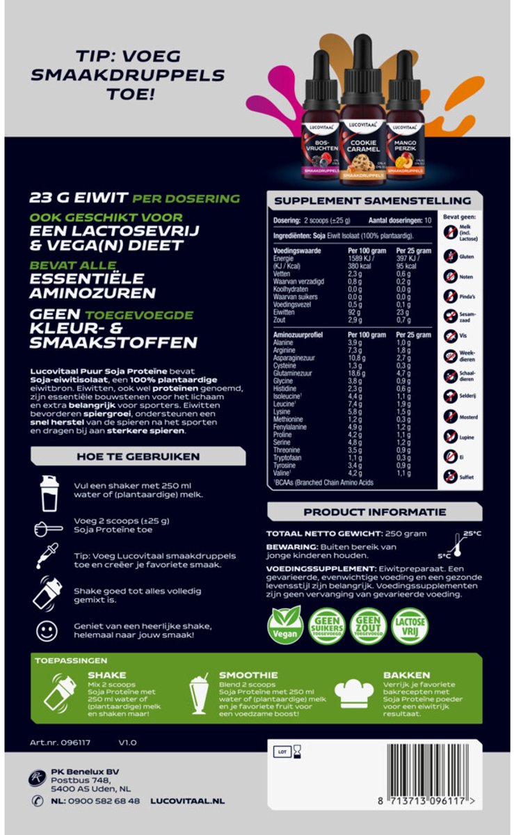 Lucovitaal Proteïne Soja Poeder Puur - 2 x 250 gr - Voordeelverpakking