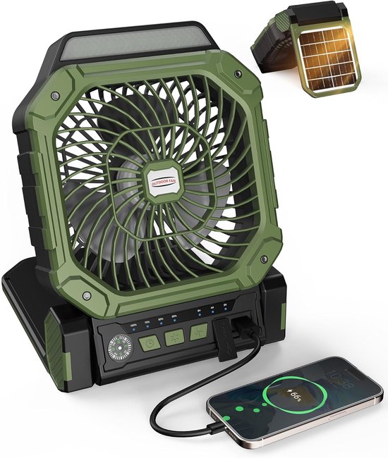 Draagbare Solar Ventilator Groen 4 Snelheden USB-C Zonnepaneel LED Lamp Timer Compact Camping Powerbank