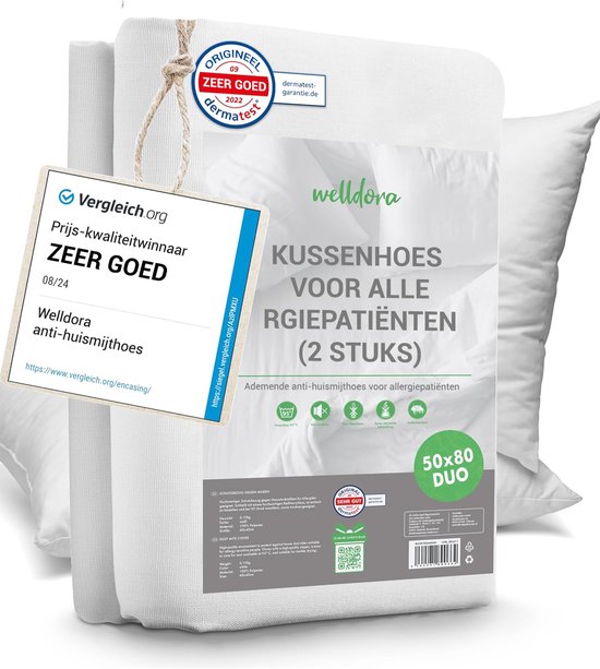 Set de 2 taies Kussensloop hypoallergéniques Welldora 50 x 80 cm avec fermeture éclair | Protège-oreiller testé contre les acariens | Certifié Oeko-Tex | Lavable jusqu'à 95 ° C | Housse 50x80 cm pour allergies et peaux sensibles