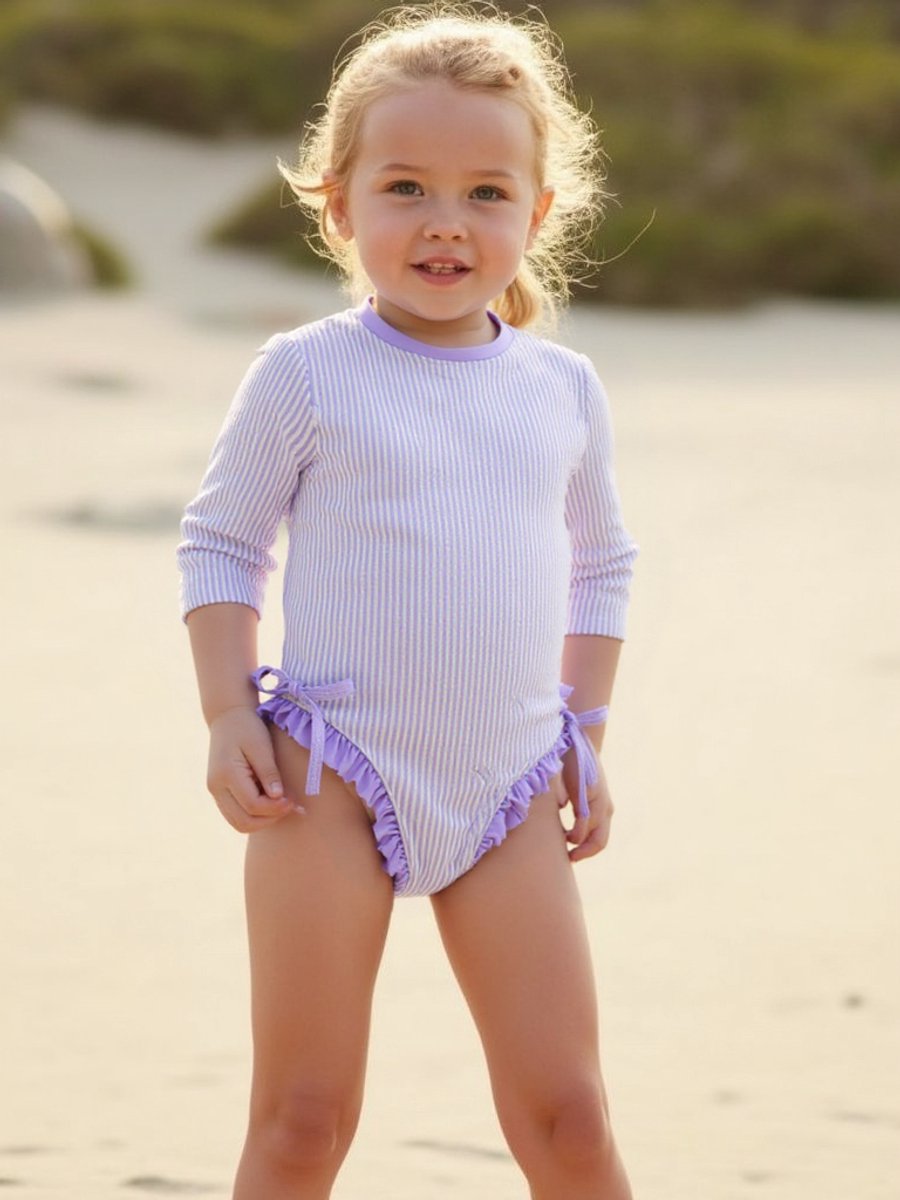 Joya Kids® Badpak Lange Mouw Licht Paars met Streepjes en Roze Ruches Meisjes | Zwempak met ruches UV Badpak Lila | Zwempak Lange Mouw UV Bescherming Streep | Meisje Bikini Zomer | Kinderbadpak Peuter | — afbeelding 6