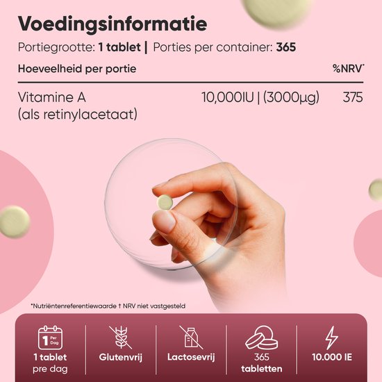 Gedetailleerd etiket van WeightWorld Vitamine A tabletten met voedingsinformatie, portiegrootte en %NRV.