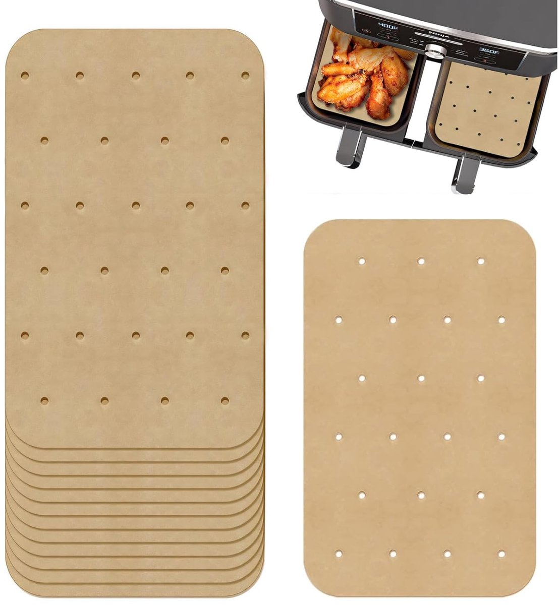 TRANKIELO® – 150 Stuks Air Fryer Bakpapier 20,5 x 14 cm – Duurzaam en Milieuvriendelijk – Geperforeerd voor Optimale Stoomcirculatie – Universeel voor Airfryers en Magnetrons