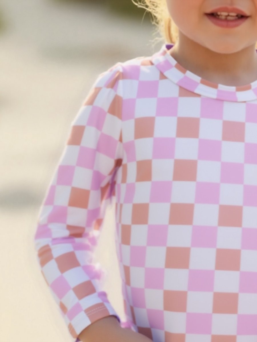 Joya Kids® Badpak Lange Mouw Lila, Roze en Wit Geblokt met Ruches en Strikjes Meisjes | Zwempak met ruches UV Badpak Lila en Roze | Zwempak Lange Mouw UV Bescherming Blokjes | Meisje Bikini Zomer | Kinderbadpak Peuter | — afbeelding 3