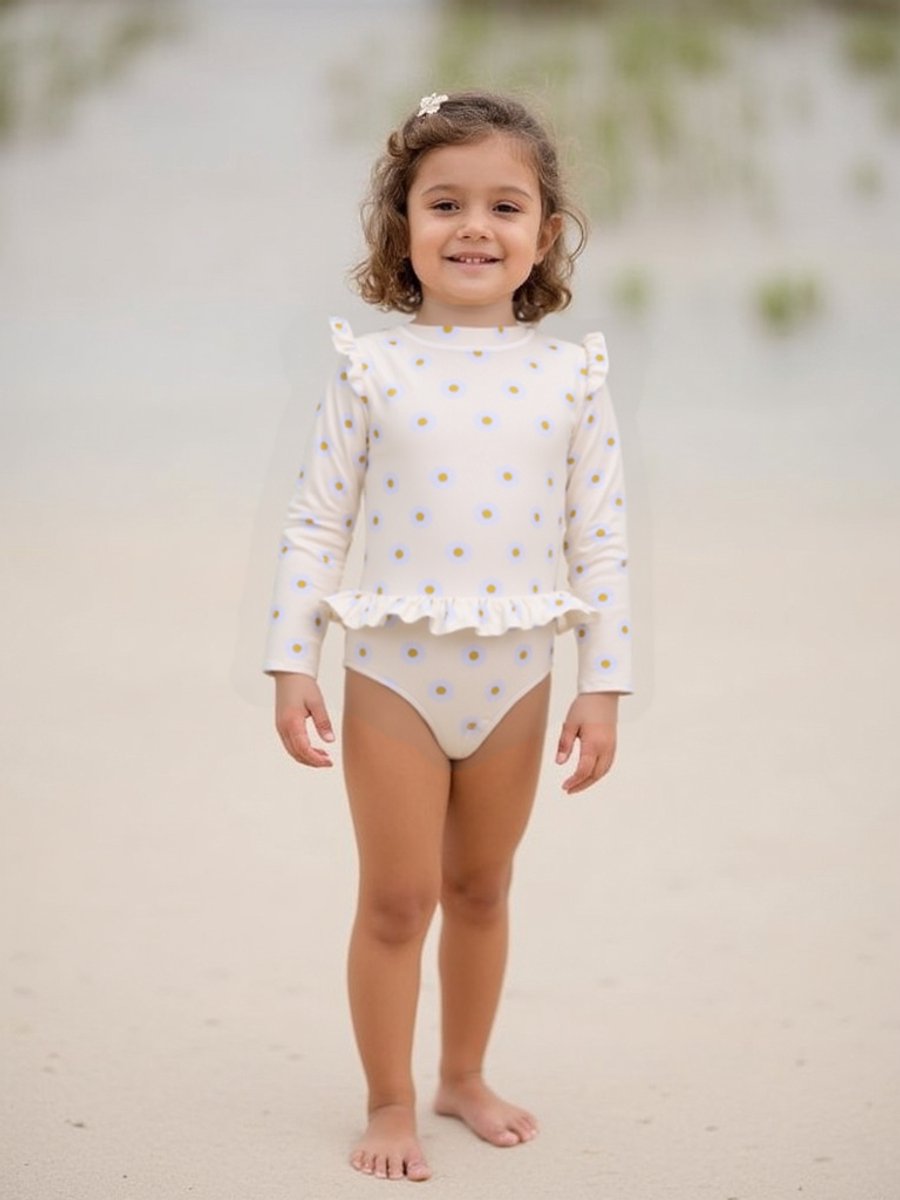 Joya Kids® Badpak Lange Mouw Gebroken Wit met Bloemen print met Ruches Meisjes | Zwempak met ruches UV Badpak Madeliefjes | Zwempak Lange Mouw UV Bescherming | Meisje Bikini Zomer | Kinderbadpak Peuter | | 2 - 3 Jaar — afbeelding 6