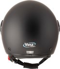 Achterkant van matzwarte jethelm met 'Vinz Helmets' logo en ECE 22.06 label.