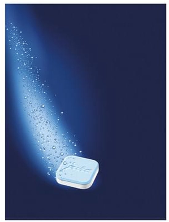 Een lichtblauwe tablet met het logo erop, omgeven door bubbels en een blauwe gloed op een donkere achtergrond.