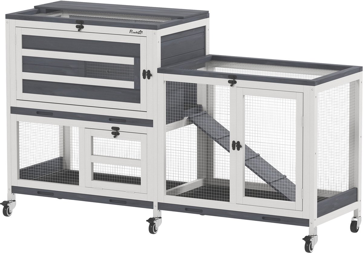 PawHut-konijnenhok-massief hout-147x45x89,5cm-grijs