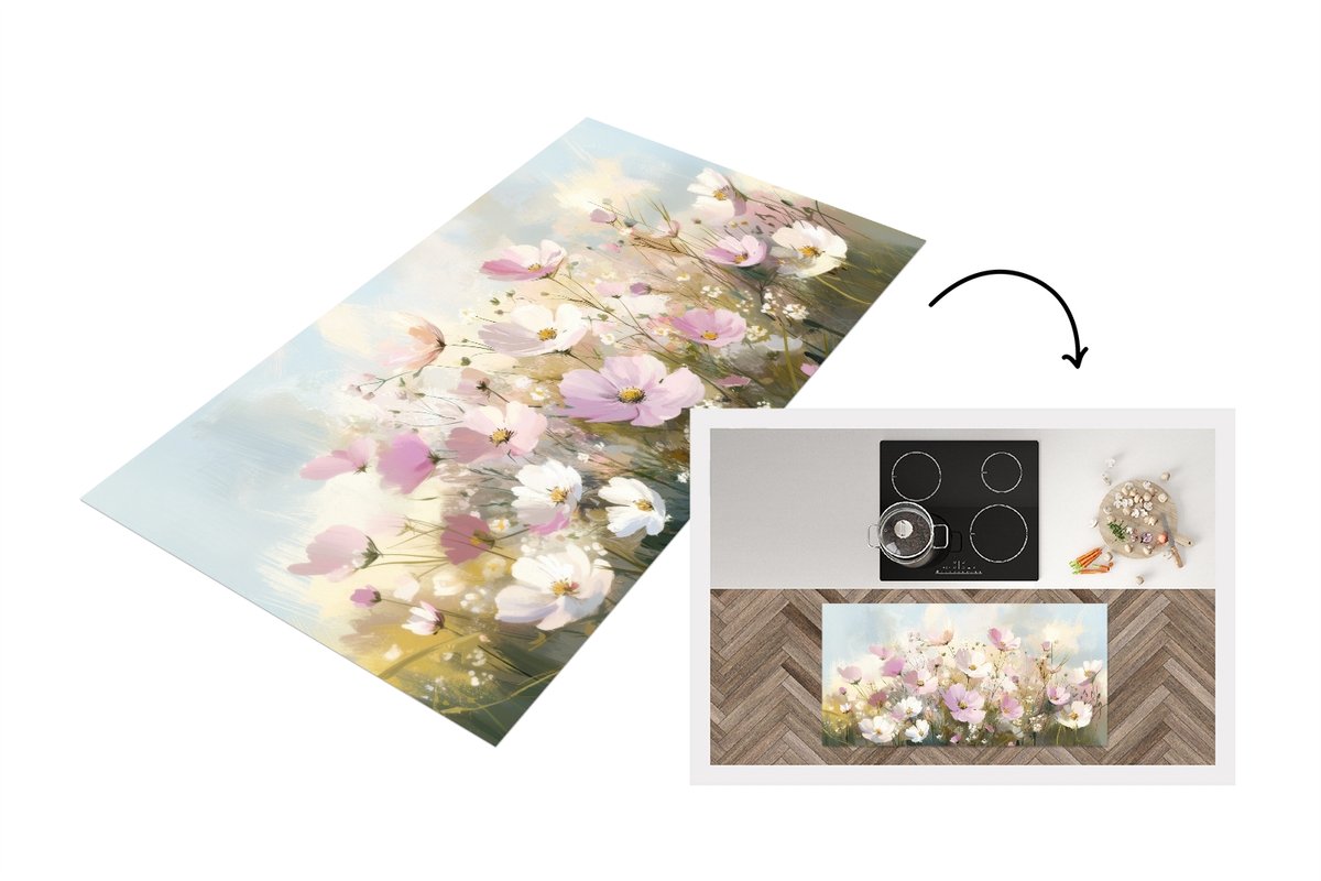 KitchenYeah Keukenloper 120x60 cm - Keukenmat vinyl Bloemenveld - Lichte tinten - Geschilderd - Keukenmatten loper - Keuken vloerkleed tapijt