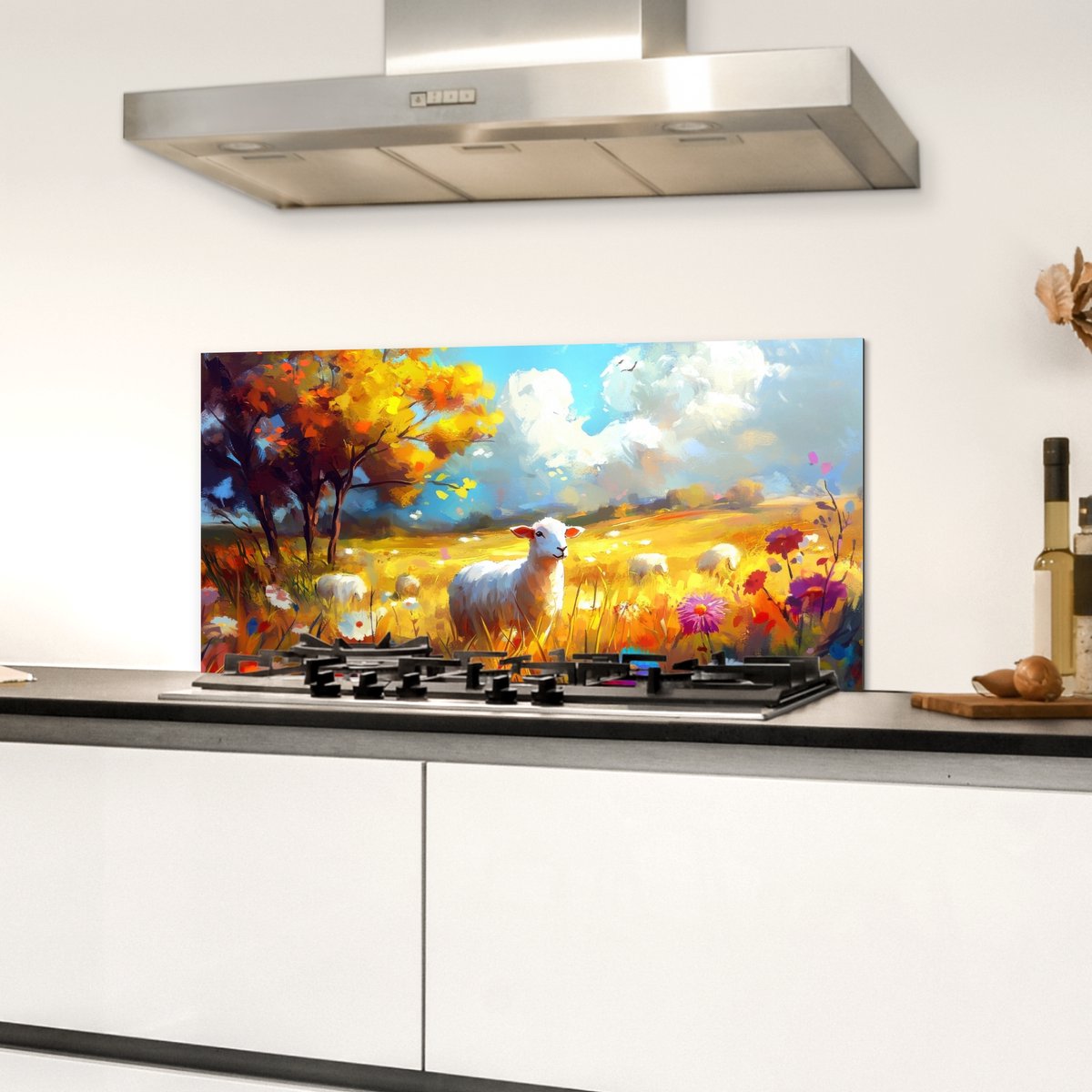 Spatscherm keuken 60x30 cm - Kookplaat achterwand Schaap - Weide - Bloemen - Muurbeschermer - Spatwand fornuis - Hoogwaardig aluminium